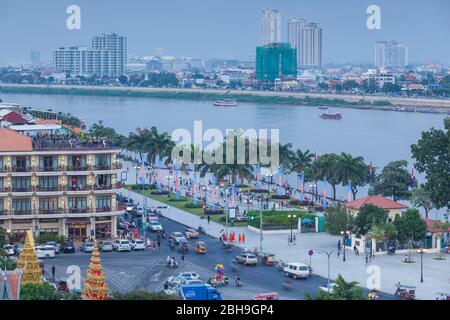 Cambodia, Phnom Penh, elevated view along Tonle Sap Riverfront, dusk Stock Photo