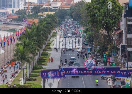 Cambodia, Phnom Penh, Sisowath Quay traffic, elevated view Stock Photo