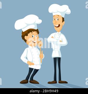 Chefs in uniform standing and smiling.  - Professional master hold wooden spoon vector illustration - flat design Stock Vector