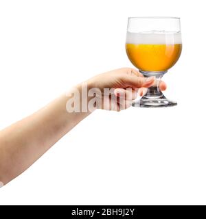 Woman hand holding glass of lager beer isolated on white. Stock Photo