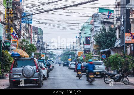 Laos, Vientiane, downtown traffic, dawn Stock Photo