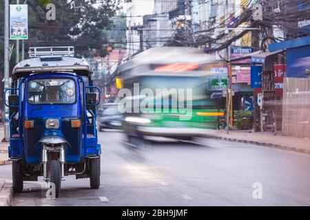 Laos, Vientiane, downtown traffic, dawn Stock Photo