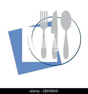 Vector Design sign restaurant with cutlery, plate and napkins on table Stock Vector