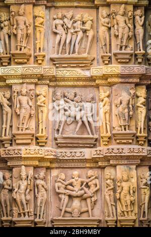 Arts on wall, Khajuraho temples, India Stock Photo