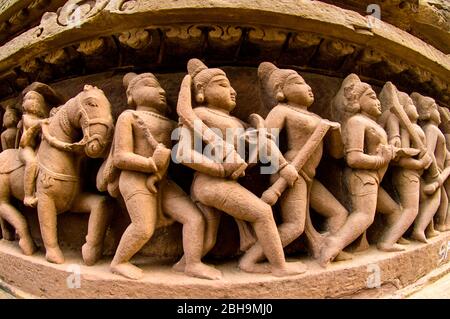 Arts on wall, Khajuraho temples, India Stock Photo