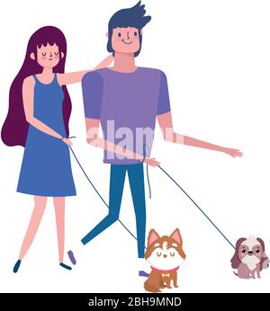 young couple walking with their little dogs isolated design vector illustration Stock Vector