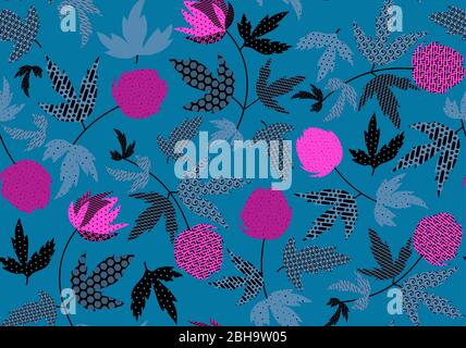Flowers on dark turquoise background. Summer floral seamless pattern. Vector illustration patch work for wrapper, cloth, linens Stock Vector