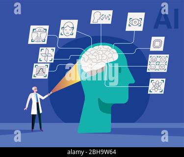 Vector illustration. Scientific research in the human brain for studies to be applied in the development of artificial intelligence. Stock Vector
