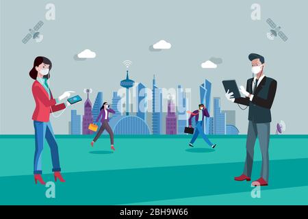 businessmen with facemasks and gloves in a city maintaining a safe social distance between each other for coronavirus prevention. Stock Vector