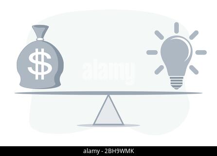 Lightbulb and dollars on balance. Idea and money bag balanced on scales. Idea is money. Business concept. Stock Vector