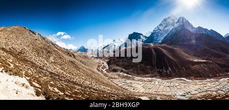 Panoramic view of the Khumbu Tal, mountains in the background, Ama Dablam, Stock Photo