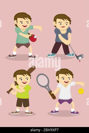 Set of four vector illustration of cute sporty boy learning table tennis, golf, baseball and tennis isolated on pink plain background Stock Vector