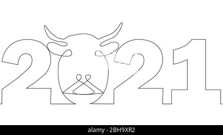 One line drawing style number 2021. Year of the cow Stock Vector