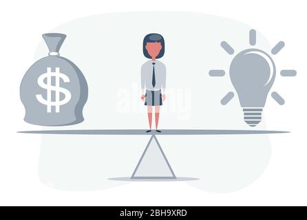 Lightbulb and dollars on balance. Idea and money bag balanced on scales. Idea is money. Business concept. Stock Vector