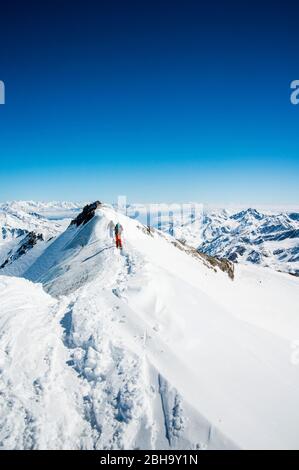 Two people on the summit degree, Cevedale, South Tyrol, Italy, Stock Photo