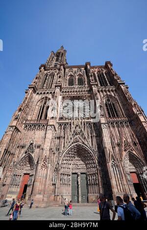 France, Alsace, Strasbourg, Strasbourg Minster, facade, front, from below Stock Photo