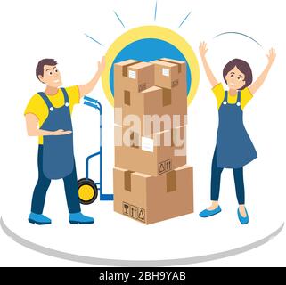 Two workers in warehouse with lot of goods, seller man and woman with products as protecting packaged merchandise Stock Vector