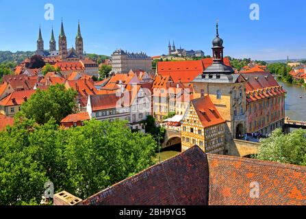 Old Town Panorama with Old Town Hall, Cathedral, New Residence and Monastery Michelsberg in Bamberg, Upper Franconia, Franconia, Bavaria, Germany, UNESCO World Heritage Site Stock Photo