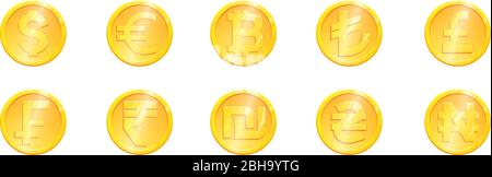 World currency gold coin symbol big set. Main currencies dollar euro pound lira frank rupee shekel naira hryvna bitcoin. Exchange Money banking illustration. Financial sign stock vector. Stock Vector