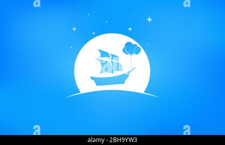 Ship with sales carried through the sky by 4 balloons. Boat is passing in front of moon and stars are in the sky. Against a blue gradient background. Stock Vector