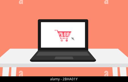 Black laptop with red checkout shopping cart on screen and mouse cursor sitting on a white desk and isolated on a coral background. Stock Vector