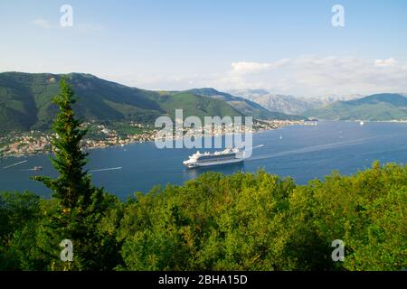 Panorama of Kotor bay while tourist cruise ship sailing - Emerald Princess - Princess Cruises - August 2019, Kotor bay (Boka Kotorska), Montenegro. Stock Photo