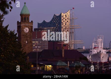 Europe, Germany, Hamburg, harbor ,Glasenturm tower and Elbphilharmonie, Kehrwiederspitze, Cap San Diego, museum ship, Stock Photo