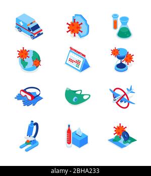 Coronavirus disease - set of modern isometric icons Stock Vector