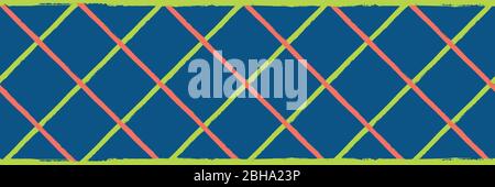 Vector wicker weave seamless border pattern. Painterly grunge brush diagonal plaid stripe banner. Woven criss cross neon color geometric grid repeat Stock Vector