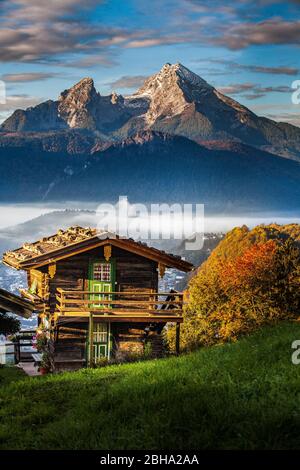 Idyllic mountain landscape in Bavaria, hut in front of Watzmann Stock Photo