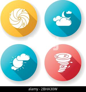 Meteorological warning flat design long shadow glyph icons set Stock Vector