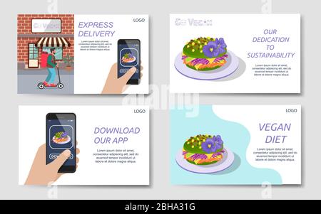 Set of web landing pages for go vegan and sustainability concepts, restaurant or food delivery company,  app download Stock Vector