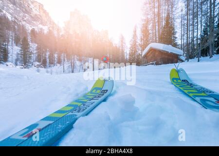 ski touring in formin valley, towards the croda da lago, the explosion of light, cadore, dolomites, belluno, veneto, italy Stock Photo