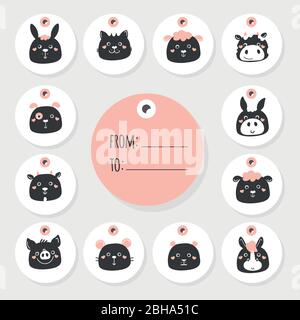 Black and white vector farm animals sheep hamster cat dog mouse cow, donkey horse goat pig rabbit. Stock Vector