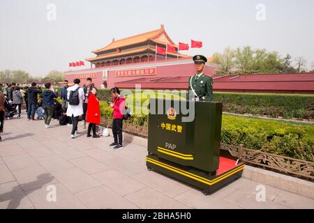 Guard stands on area of Tiananmen Gate, Forbidden City, Beijing, China Stock Photo