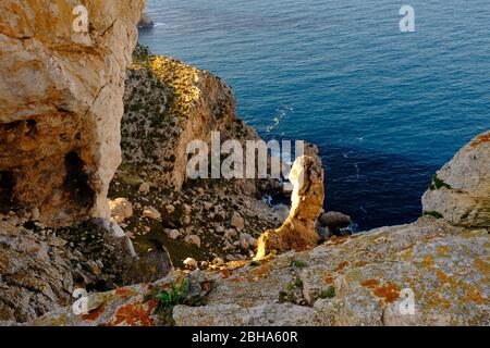 Landscape and cliffs of the peninsula Formentor from the viewpoint Mirador del Mal Pas, also called Mirador d'es Colomer, Mallorca, Balearic Islands, Spain Stock Photo