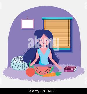 girl sitting in floor with fresh fruits, exercises at home vector illustration Stock Vector