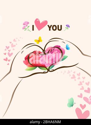 Happy mother's day, heart shaped child hand and carnation flower. I love you concept. Stock Vector