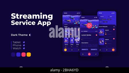 Streaming service cartoon smartphone interface vector templates set. Mobile app screen page night mode design. Video blogging platform UI for Stock Vector