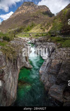 Switzerland, Alps, Ticino, Locarno, Verzasca Valley, Verzasca, green water, high glossy rocks, mountain Stock Photo