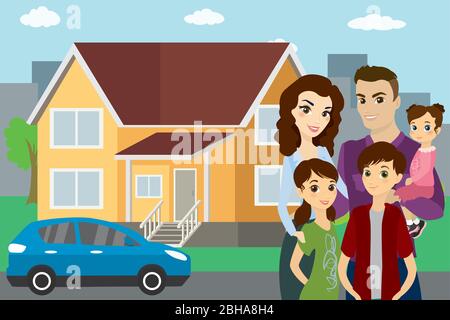 Happy caucasian family, house and car in the background,flat vector illustration Stock Vector