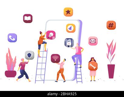 Business People Creative Team Putting App Icons on Huge Smartphone Screen. Designers Develop Application for Mobile Phone, Busy Working Process, Cooperation, Teamwork. Cartoon Flat Vector Illustration Stock Vector