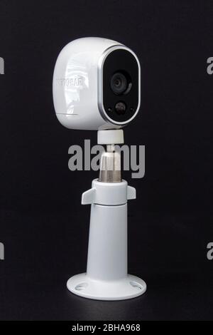 Calgary, Alberta. Canada. April 24, 2020. An Arlo security camera on black background Stock Photo