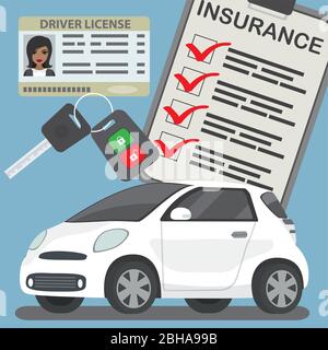 Driving license with woman photo,insurance,car key and modern white car,flat vector illuatration Stock Vector