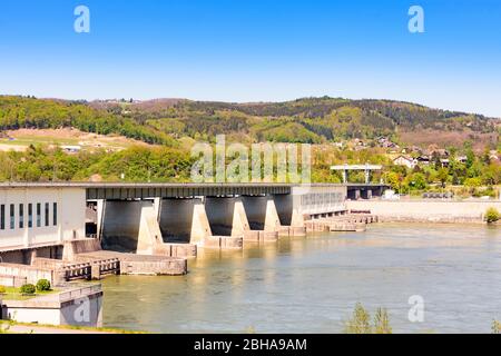 Ybbs on the Danube: water power station Ybbs-Persenbeug at river Danube (Danube) of Verbund in Danube, Lower Austria, Lower Austria, Austria Stock Photo