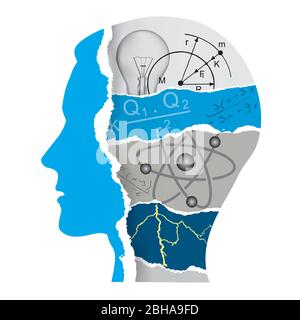 Student of Physics,paper collage silhouette. Male head stylized silhouette with torn paper with Physics symbols and physical formulas.Vector available Stock Vector