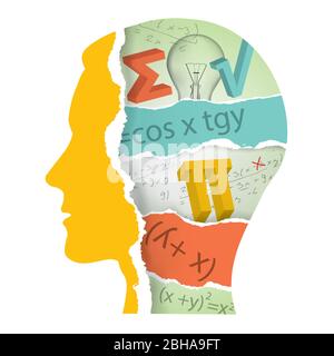 Student of Mathematics, ripped paper, education concept.  Torn paper stylized male head with ripped paper fragments with mathematics symbols. Stock Vector