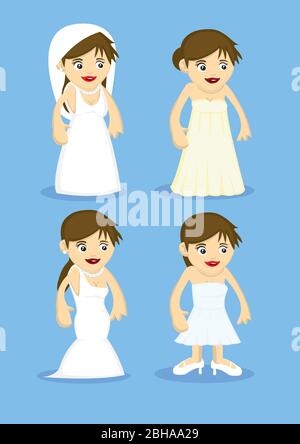 Set of four cute vector cartoon of brides in different styles of white wedding dresses isolated on blue background Stock Vector