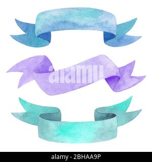 Watercolor colorful fabric tape isolated on white background, watercolor ribbons for romantic wedding design. Blue, green and lilac ribbons Stock Photo