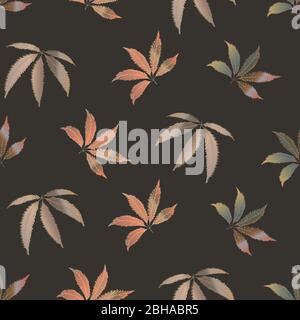 Vector cannabis leaves seamless pattern background. Hand drawn monochrome hemp foliage backdrop. Stylish erthy brown botanical marijuana design. All Stock Vector